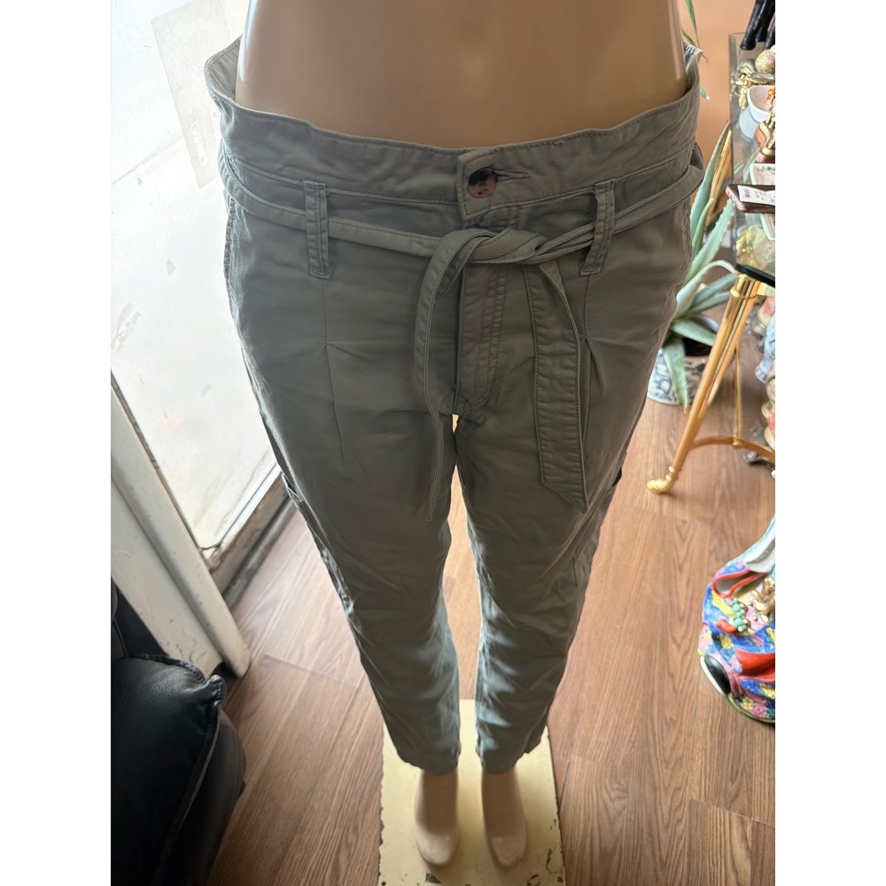 Sage Green High Waisted Paperbag Cargo Pants with Tie Belt and Tapered Leg